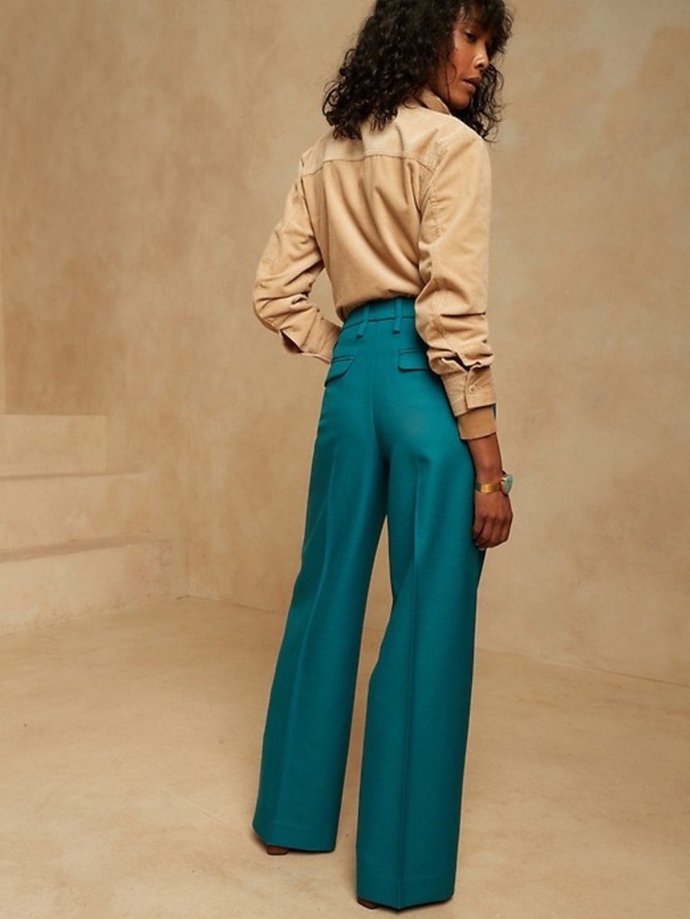 XS Banana Republic Green High-Waist Wide-Leg Pants in Italian Wool 30” Inseam 0P